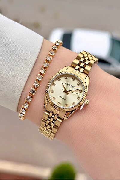 Ferrucci Altın Renk 2 Yıl Garantili 24 Mm OksitlenmezKadın Kol Saati ve Bileklik