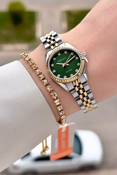 Ferrucci Kadranı Yeşil Kordonu Gold Gümüş Renk 24 Mm Tam Çelik Paslanmaz Kadı...