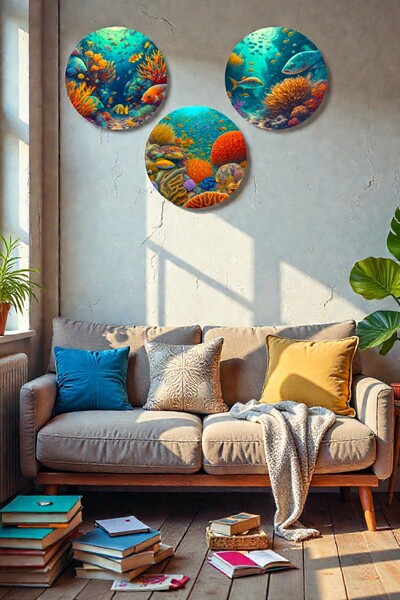 Nod Ilustrație de viață submarină Model de pictură din lemn din 3 piese, sufragerie, dormitor, birou, decorarea peretelui casei