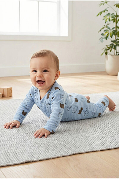 Noone Ribbed Cotton, Blue Teddy Bear Patterned Baby Romper – 9 Months