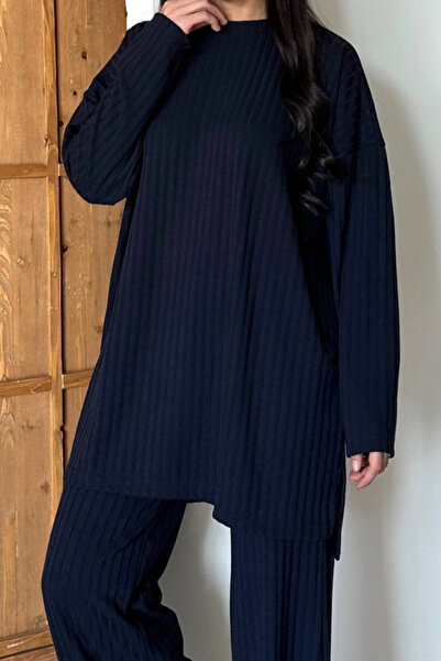 Mogi Butik Women's Knitwear Look Striped Crew Neck Hijab Tunic Set 3138