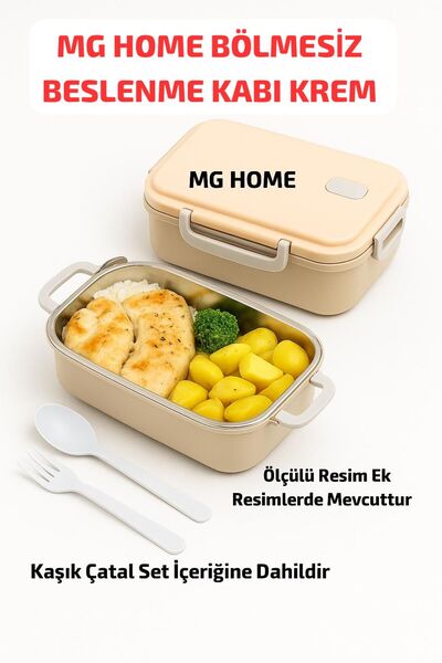 MG HOME 1 Adet KREM Bölmesiz DİKKAT Beslenme Kabı Çelik Termoslu Sızdırmaz Su...