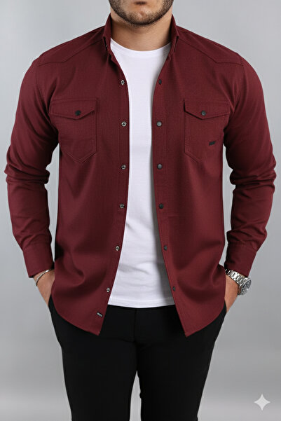 Artı1 Half Oversize Long Sleeve Easy Ironing Sweat Absorbent Breathable Double Face Fabric Men's Shirt -801-Burgundy