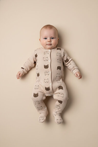 Noone Ribbed Cotton, Beige Teddy Bear Patterned Baby Romper – 6 Months