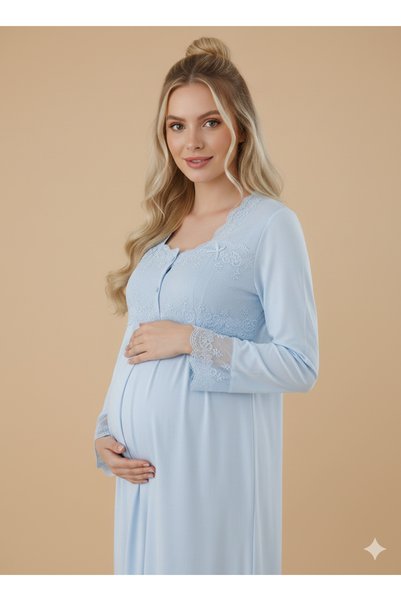 Lohussa Blue Lacy Buttoned Special Design 100% Cotton Maternity Nightgown