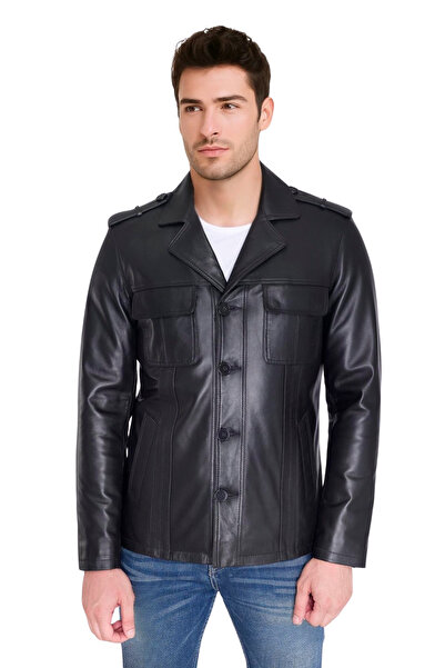 DERİJE David Genuine Leather Men's Black Pocket-Covered Sports Jacket