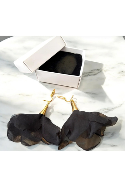 1PARÇAMAVİ Women's Clip-On Earrings for Non-Pierced Ears with Brown Chiffon Tulle