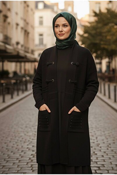 YusGos Women's Hijab Button Detailed Pocket Pearl Double Pocket Mother Cardigan