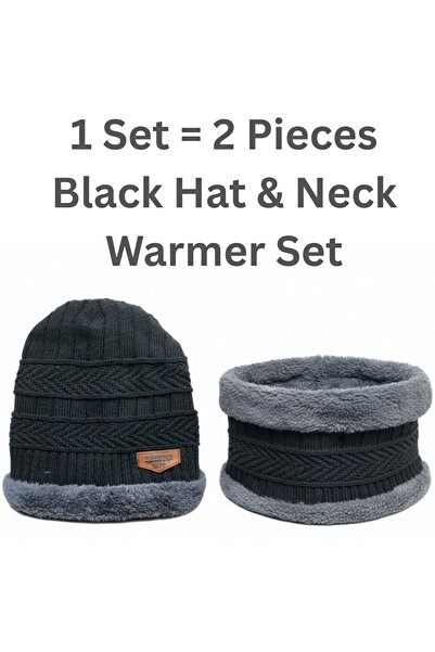 SARAOONT 2-Piece Black Winter Thick Hat Beanie Scarf Set