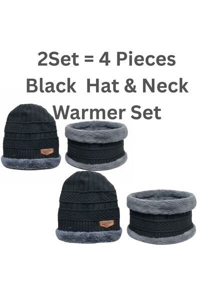 SARAOONT 4 Piece Winter Beanie Hat and Scarf Set All Black Thick Warm and Cozy for Cold Weather