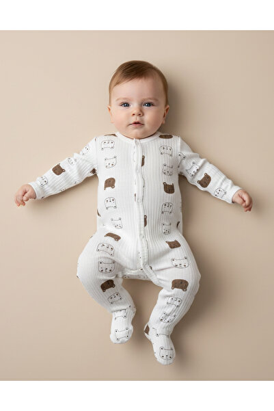 Noone Ribbed Cotton, Green Teddy Bear Patterned Baby Romper – 6 Months