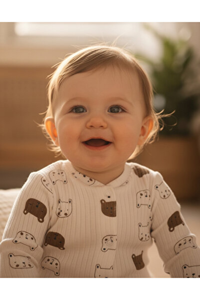 Noone Ribbed Cotton, Green Teddy Bear Patterned Baby Romper – 6 Months