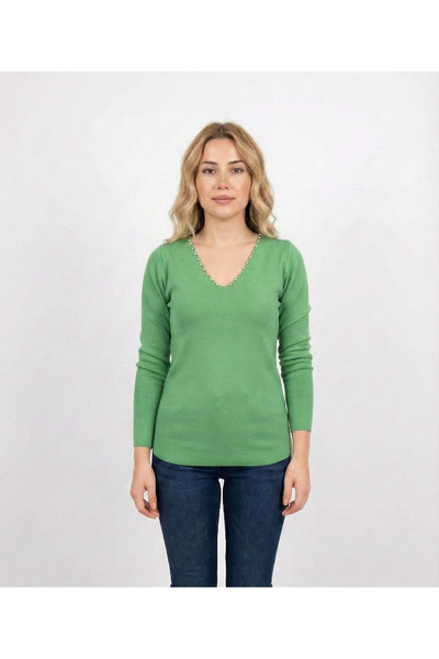 T Guel Women's Light Green Collar Stone Ladder Collar Knitwear Sweater