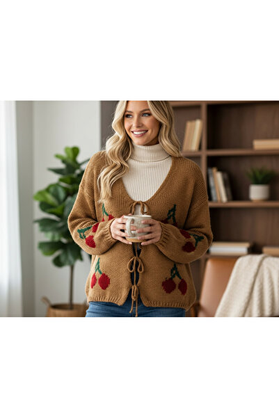 Volupta Beige Knitted Cardigan with Cherry Motifs and Decorative Cord