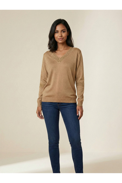 T Guel Kadın Vizon Kol Ve Yaka Detaylı Simli Triko Kazak