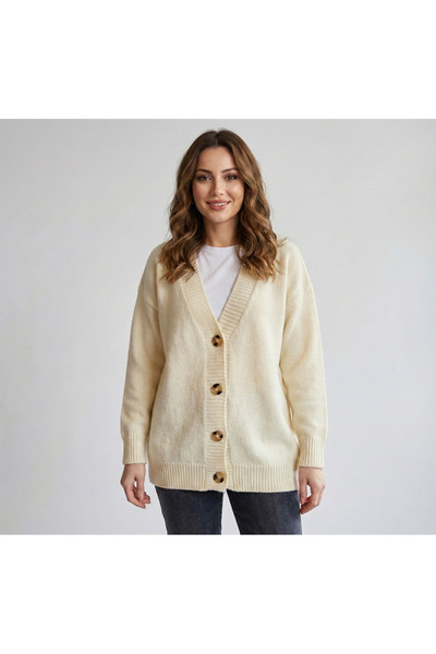 T Guel سترة نسائية منسوجة بأزرار على شكل عظمة كريمية