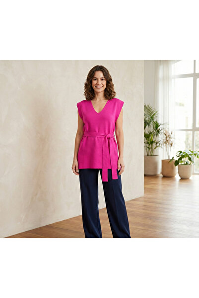 T Guel Kadın Pembe Kuşaklı Uzun Süveter