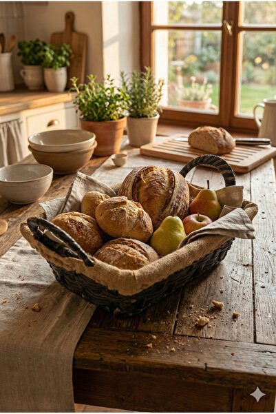 BACK SINE Hasır Sepet Kulplu Jüt Kumaşlı Dekoratif Organizer - Ekmek Sepeti