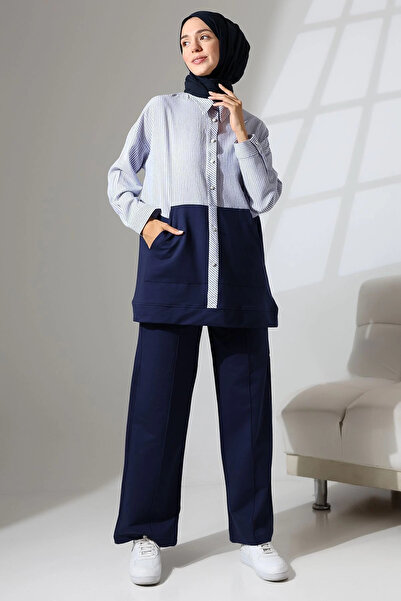 Mihran Butik حجاب نسائي باللون الأزرق الداكن - بدلة قطنية موسمية رياضية ومريحة