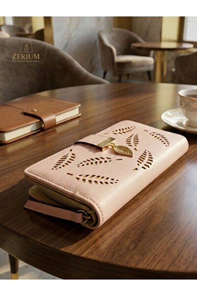 ZERİUM Pu Leather Women's Wallet - Vintage Leaf Pattern Long Handle Card Holder