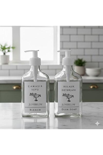 junibeliwe 2li Set Beyaz Boş Şeffaf Yassı Cam Şişe Bulaşık Deterjanlık Çamaşı...