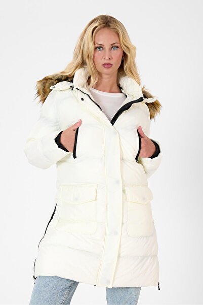 Cekmon Kadın Uzun Şişme Mont – Çıkarılabilir Kürk Kapüşonlu, Çok Cepli, Kışlık Rahat Model