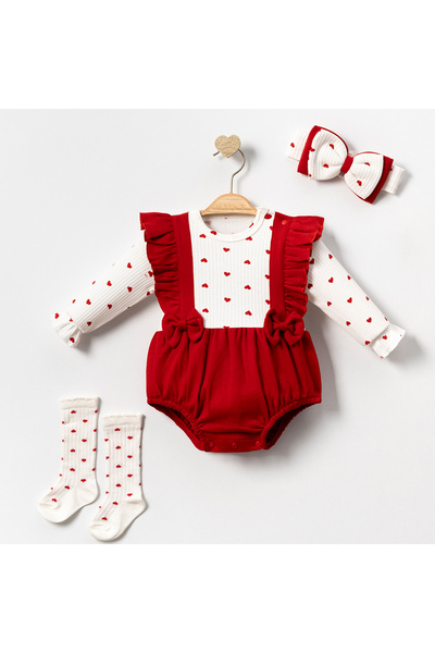 MixMax Bebe Baby Girl Heart Long Sleeve Bandana-Socks-Romper 3-Piece Baby Set