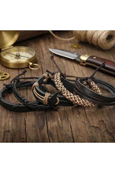 BSN Store Black Anchor Figured Tan String 5 Pieces Genuine Leather Bracelet
