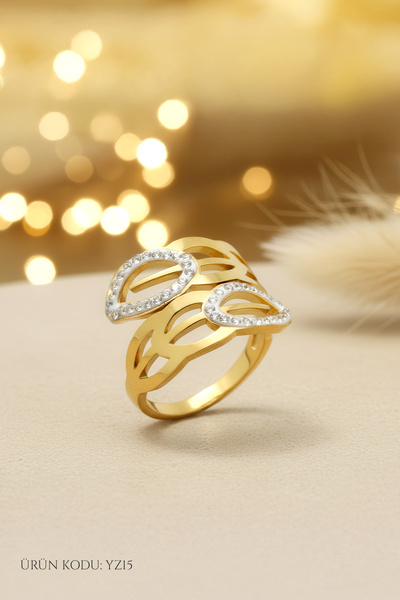 Çelik Taş Detaylı Altın Renk Ayarlanabilir Yüzük