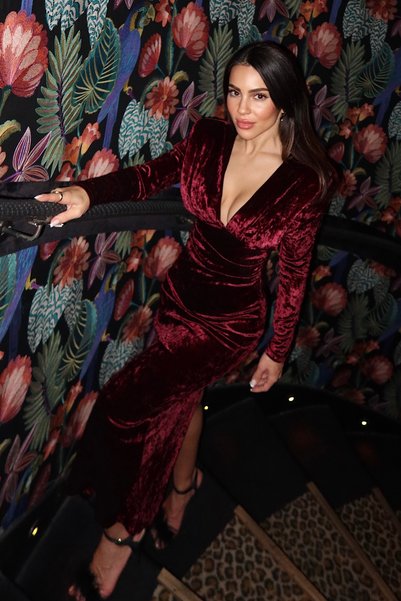 by2 roselenda Stella Women's Burgundy Velvet High Collar Padded Midi Dress