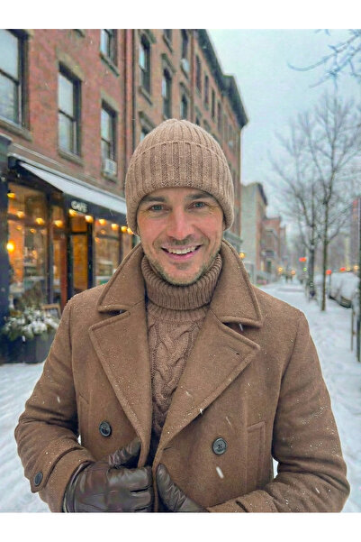 BESKAR Camel Tan Color Hand Knitted Corded Fabric Trend Winter Men's Beanie