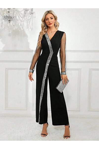 Moda Ebrar Women's Long V-Neck Front Sequin Detailed Tulle Long Imported Crepe Jumpsuit