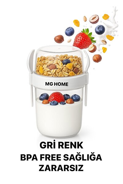 VENON GRİ 🌼 650 ML Çatallı Kaşıklı Atıştırmalık Yemek Yoğurt Müsli Granola D...