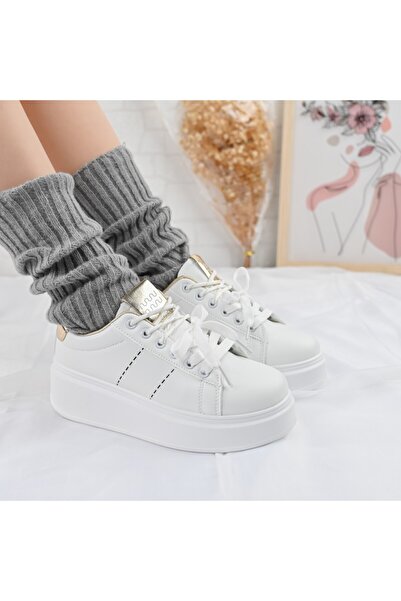 Tmall Pantofi Sport De Dama,Din Piele Ecologica,D1373,Alb cu Auriu