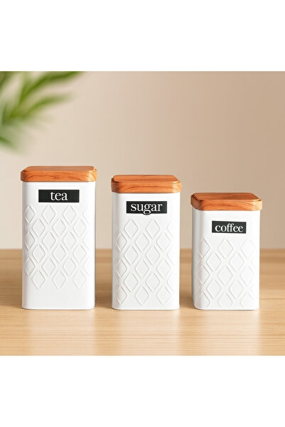 Doğa Dizayn طقم تخزين الشاي والسكر والقهوة مكون من 3 قطع باللون الأبيض مع غطا...