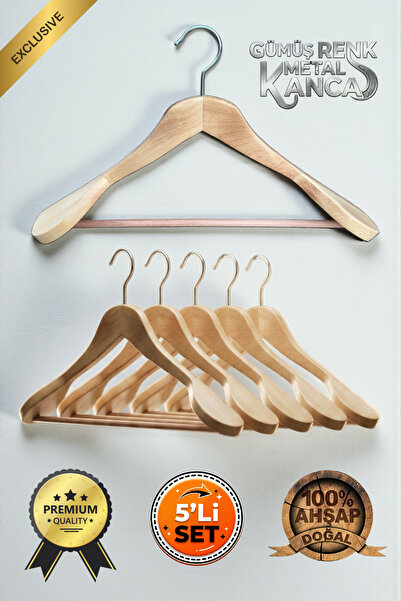 Faravis Atelier Ahşap Askı Kalın Omuzlu Takım Elbise Ceket Askısı 5 Adet Kaymaz Pantolon Çubuğu