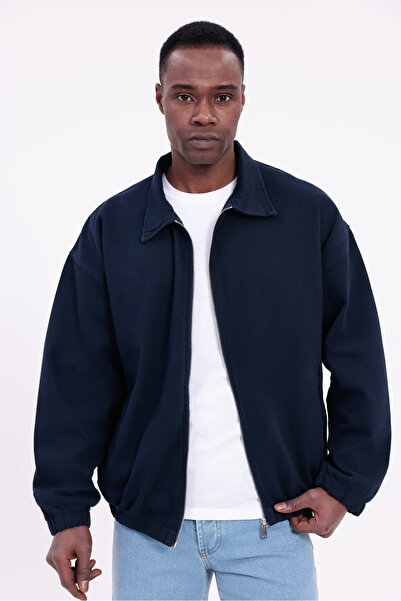 freemen Men's Basic Gabardine Fabric Zippered Oversized Transitional Polo Collar Navy Blue Jacket