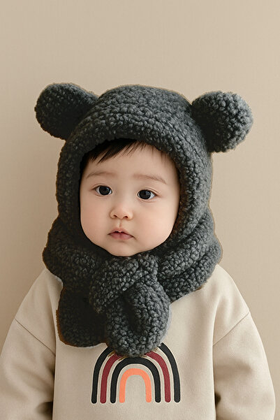 Bundera Avis Black Children's Hooded Plush Beanie Scarf Welsoft Neck Collar Windproof Hat with Ears