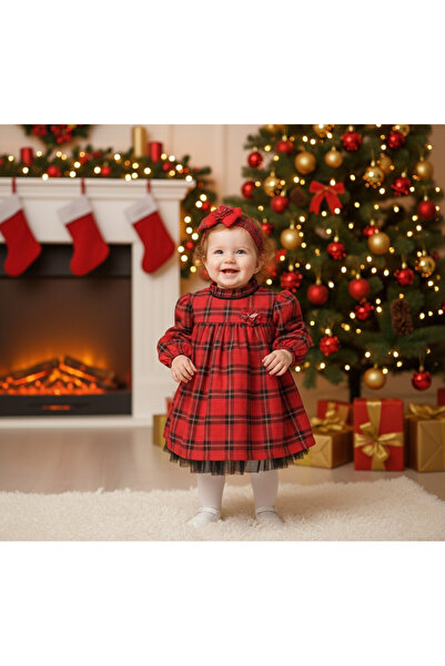 bebekhediyekutusu Ekoseli Balon Kol Kız Bebek Elbisesi