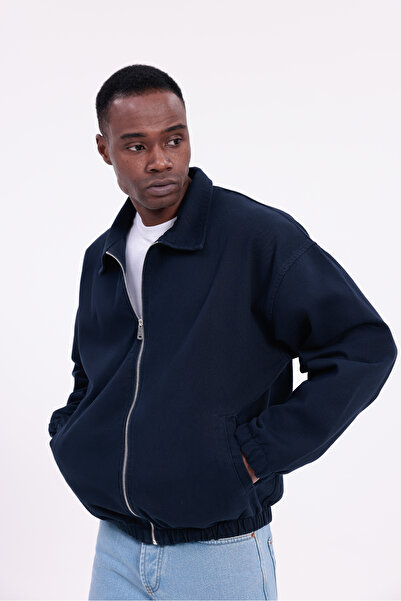 freemen Men's Basic Gabardine Fabric Zippered Oversized Transitional Polo Collar Navy Blue Jacket