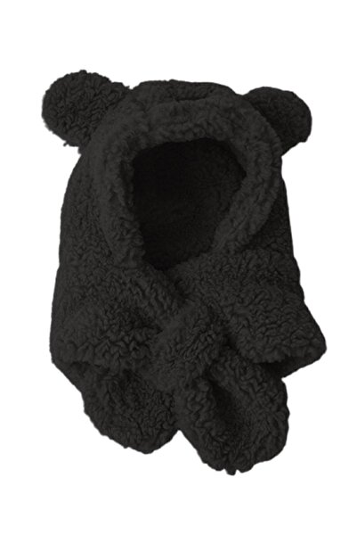 Bundera Avis Black Children's Hooded Plush Beanie Scarf Welsoft Neck Collar Windproof Hat with Ears