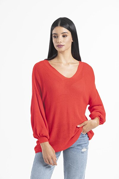 sumoda Women's Clothing Blouse Knitwear Sweater Front Back V Neck Balloon Sleeve Thin Mercerized Knitwear Knitted Loose Sweater 3149