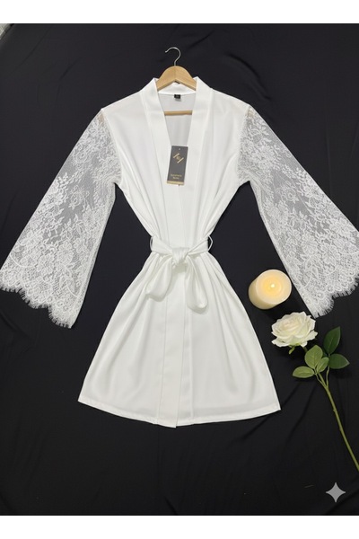 Juwana Women's Chiffon Satin White Lace Detailed Kimono Dressing Gown – Belted and Elegant