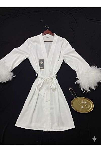 Juwana Γυναικείο λευκό σατέν μεταξωτό νυφικό ρόμπα – Λεπτομέρεια με φτερά κιμονό