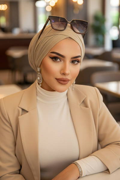 Aişe tesettür Beige Mink Cross Banded Bonnet