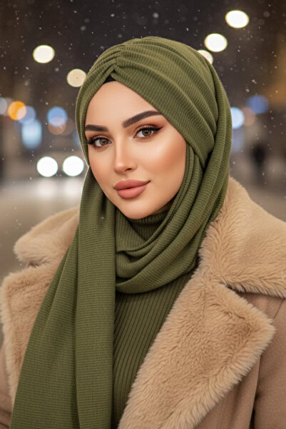 Aişe tesettür Khaki Knitwear Butterfly Pattern Gathered Bonnet Shawl