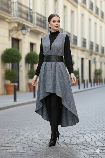 Aişe tesettür Füme Siyah Kareli Yelek