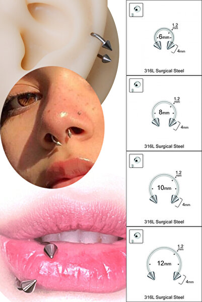 Cadının Dükkanı 4 mm Spike Çelik Yarım Halka Piercing-Septum,Tragus,Daith,Hel...