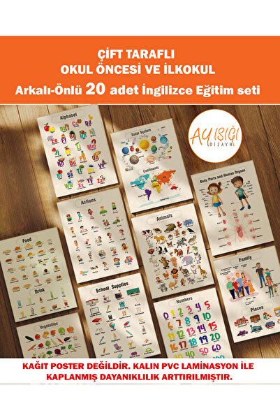 Ayışığı Dizayn Çift taraflı 20'li İNGİLİZCE Eğitim Seti Okul Öncesi - Ilköğre...