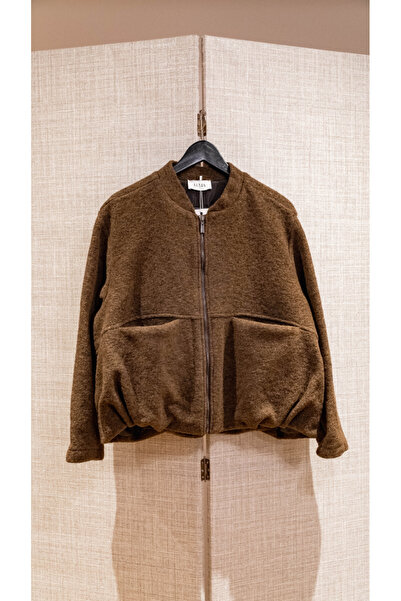 OEM Jachetă bomber italiană premium din lână bouclé, cu umeri lejeri și fermoar frontal, maro închis